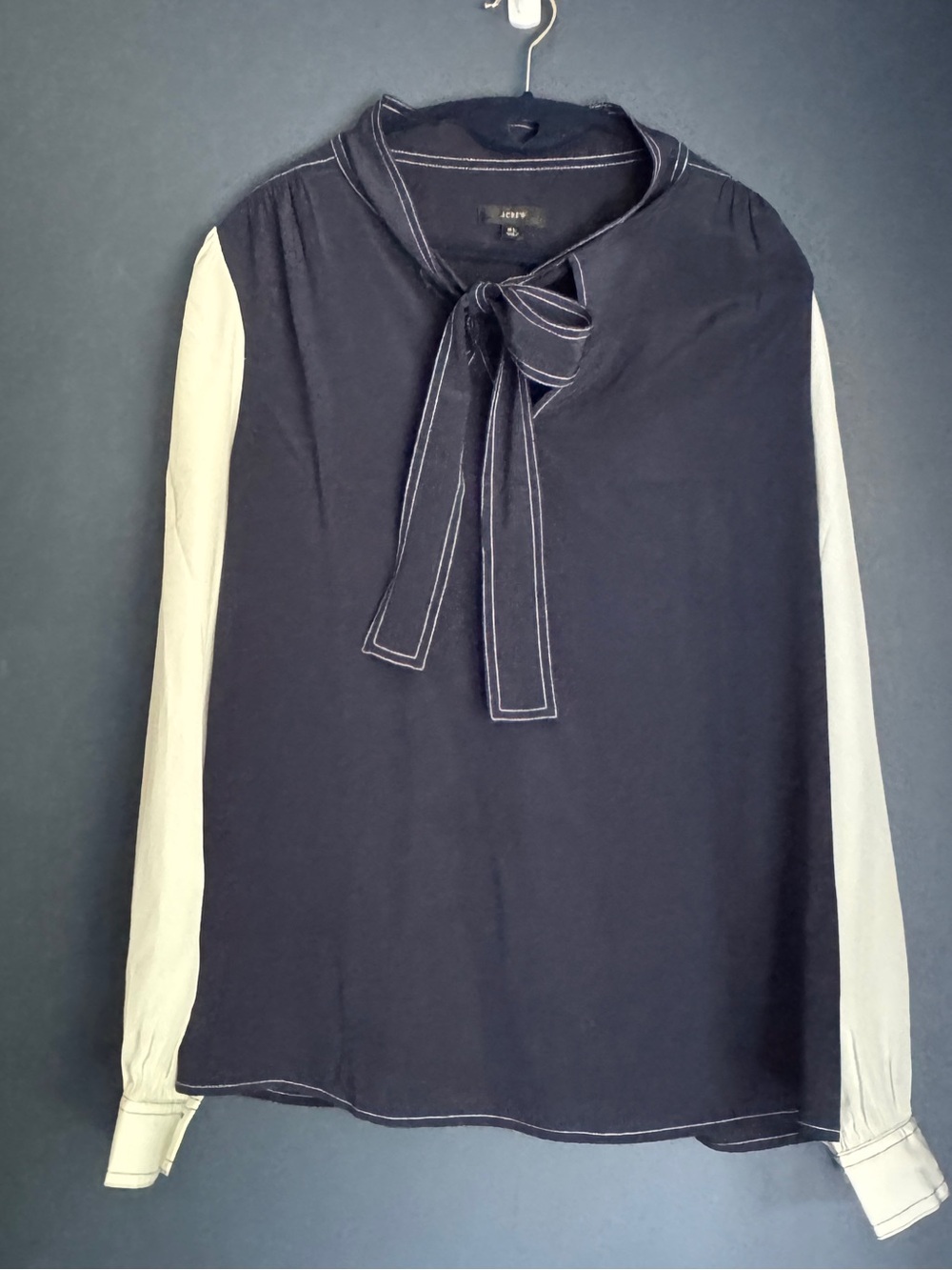 J. Crew Silk Blue Blouse with White Long Sleeves and Bow Neck